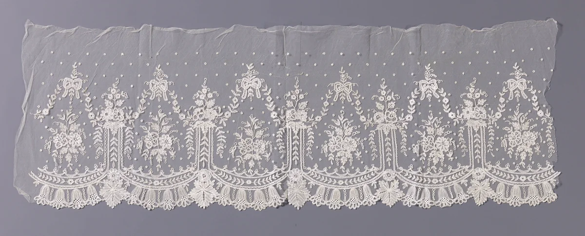 Strook applicatiekant met u-vormige cartouches met strikken en bloemslingers erboven en klokjesbloemen eronder by anonymous, book, 1840-1860