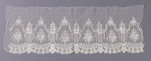 Strook applicatiekant met u-vormige cartouches met strikken en bloemslingers erboven en klokjesbloemen eronder by anonymous, book, 1840-1860