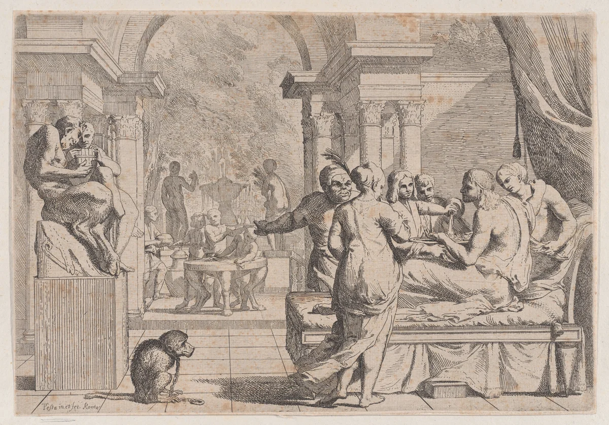The prodigal son seated on a couch being served wine, revelers in the background, a monkey wearing a collar and chain in the lower left, from a series of four prints by Pietro Testa, print, 1600-1650