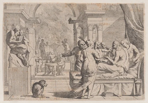 The prodigal son seated on a couch being served wine, revelers in the background, a monkey wearing a collar and chain in the lower left, from a series of four prints by Pietro Testa, print, 1600-1650