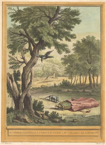 Le corbeau, la gazelle, la tortue et le rat (The Crow, the Gazelle, the Tortoise, and by Quentin-Pierre Chedel; Jean-Baptiste Oudry, print, 1759