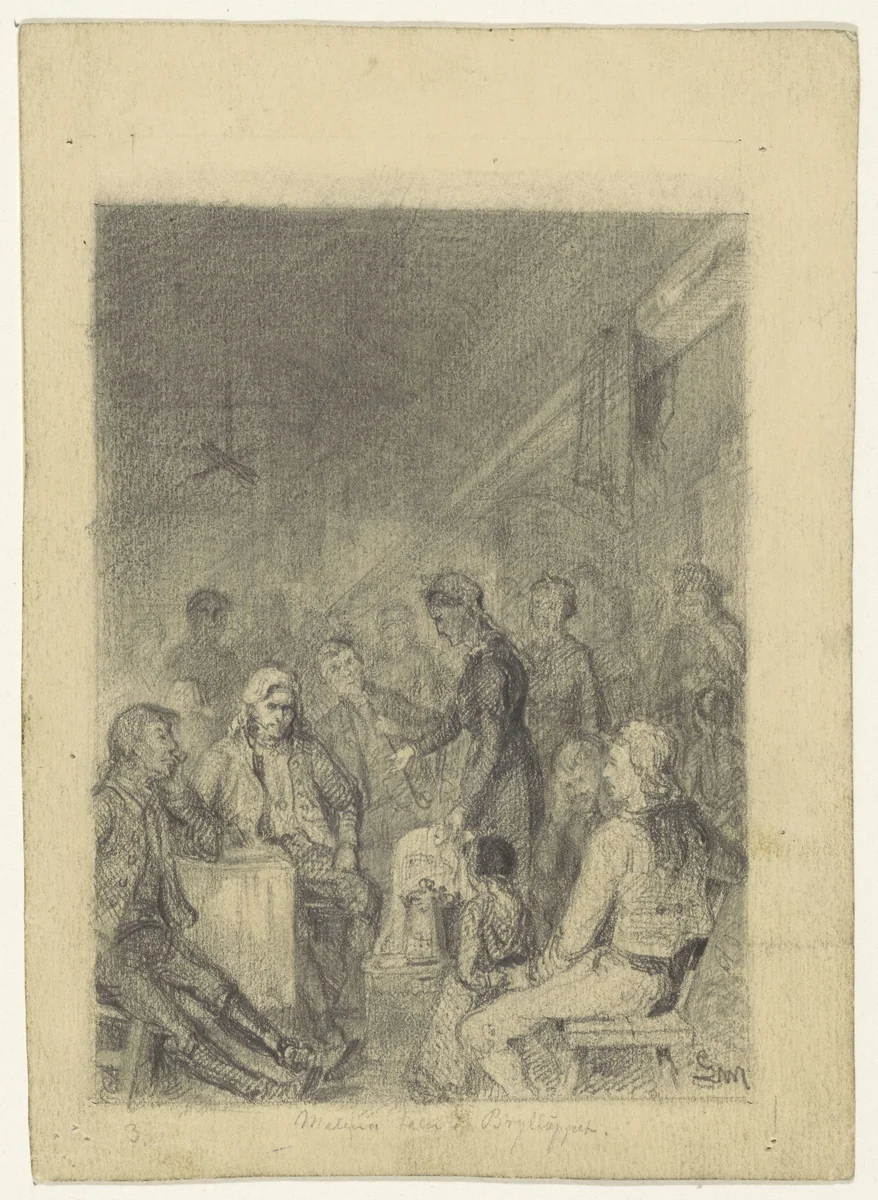 Groot gezelschap waar een vrouw een kan aanwijst by Gerhard Peter Frantz Vilhelm Munthe, drawing, 1859-1929