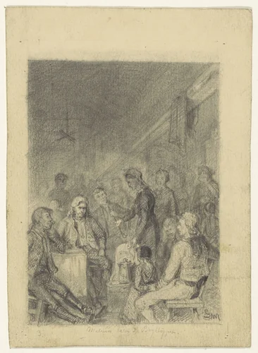 Groot gezelschap waar een vrouw een kan aanwijst by Gerhard Peter Frantz Vilhelm Munthe, drawing, 1859-1929