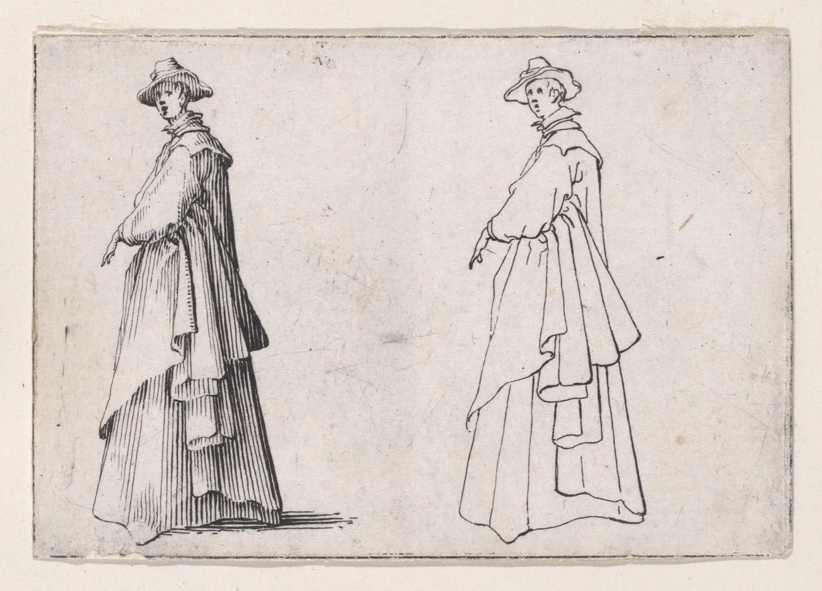 La Dame au Vêtement Ample (The Lady with Ample Clothing), from "Les Caprices" Series A, The Florence Set by Jacques Callot, print, 1617