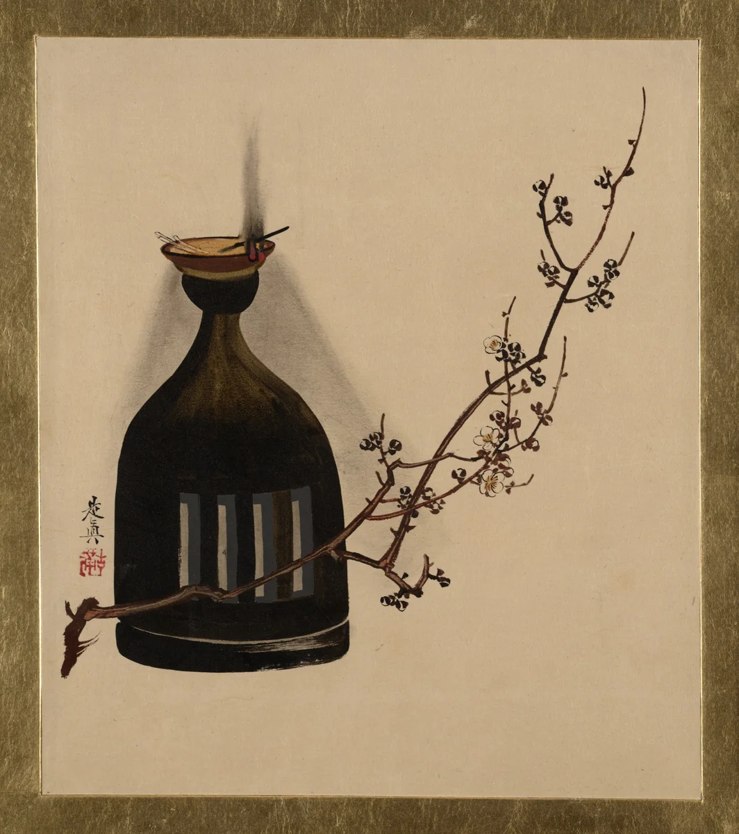 Lacquer Paintings of Various Subjects: Plum Branch with Oil Lamp by Shibata Zeshin (柴田是真), painting, 1882