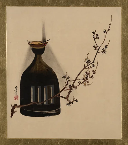 Lacquer Paintings of Various Subjects: Plum Branch with Oil Lamp by Shibata Zeshin (柴田是真), painting, 1882