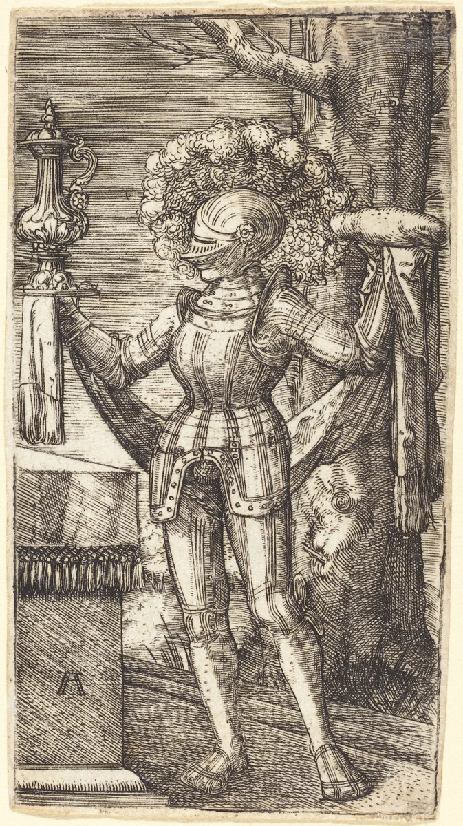 Knight in Armour with Bread and Wine by Albrecht Altdorfer, print, 1512-1515