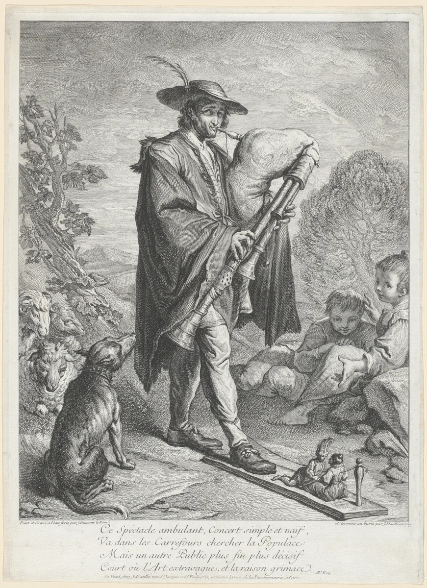 The Bagpipe Player by Jacques Dumont, print, 1739