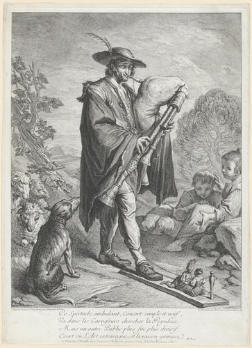 The Bagpipe Player by Jacques Dumont, print, 1739