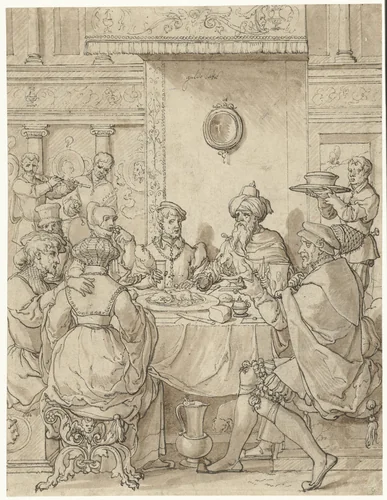 Maaltijd van Esther en Ahasverus by Jan Swart, drawing, 1525-1535
