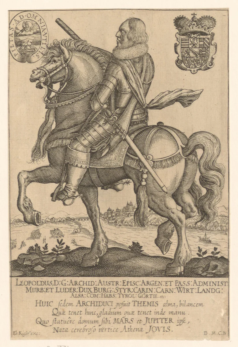 Portret van Leopold V van Oostenrijk te paard by Eberhard Kieser, print, 1593-1625