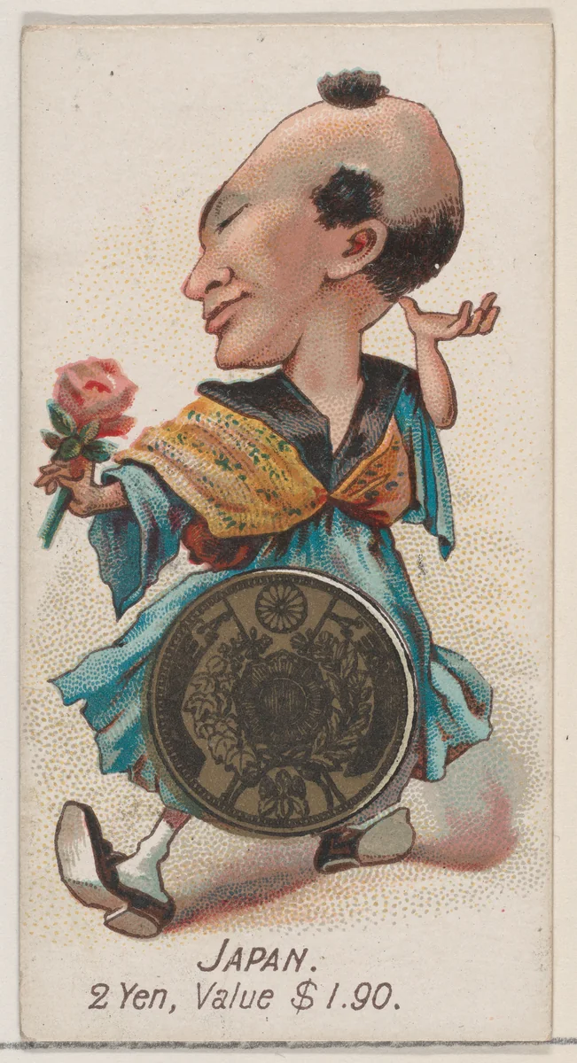 Caricatured Japanese figure, 2 Yen, from the series Coins of All Nations (N72, variation 1) for Duke brand cigarettes by W. Duke, Sons & Co., print, 1889