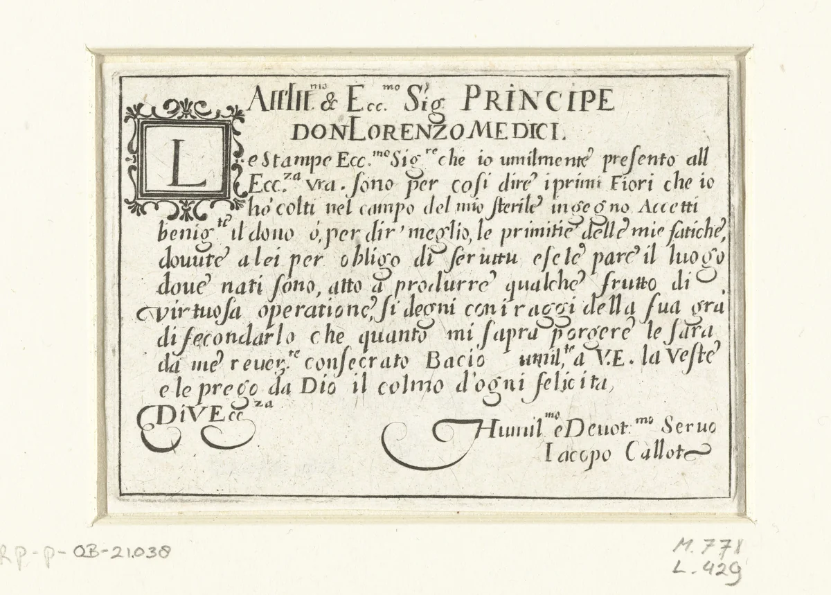 Opdracht aan Lorenzo de' Medici by Jacques Callot, other, 1621