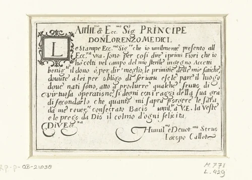 Opdracht aan Lorenzo de' Medici by Jacques Callot, other, 1621