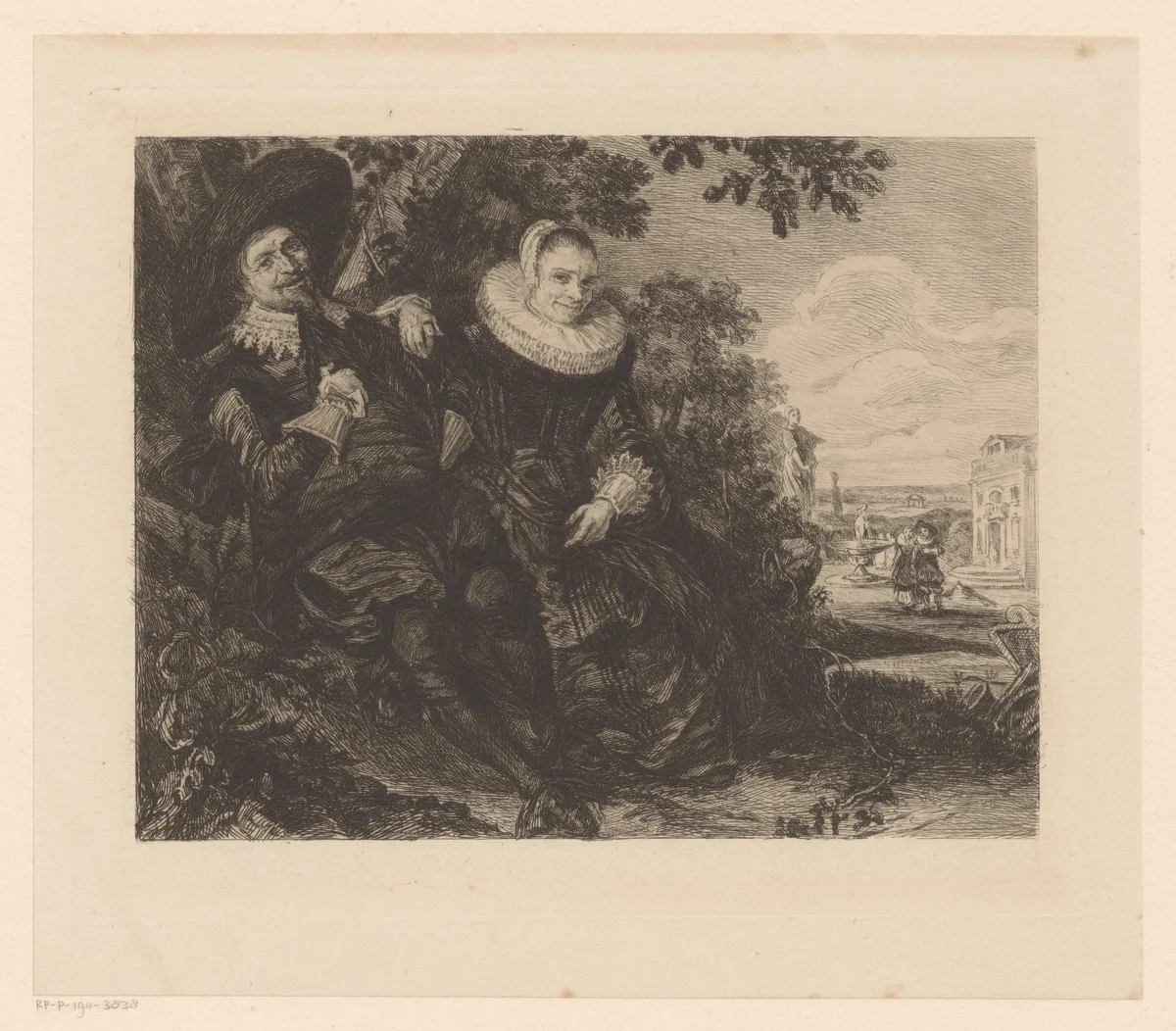 Portret van een stel in een landschap, waarschijnlijk Isaac Abrahamsz Massa en Beatrix van der Laen by William Unger, print, 1847-1889