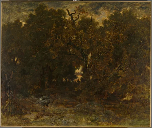 Leaving the Forest, Fontainebleau: Setting Sun by Théodore Rousseau, painting, 1851
