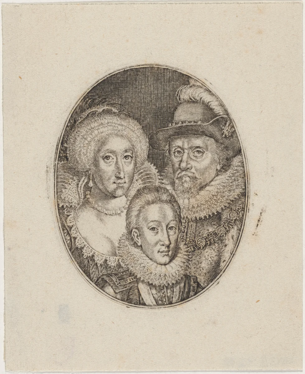 James I, Anne of Denmark, and Prince Charles by Simon van de Passe, print, 1595-1647