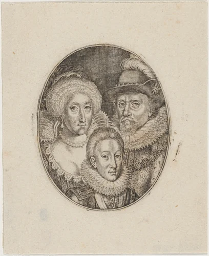 James I, Anne of Denmark, and Prince Charles by Simon van de Passe, print, 1595-1647