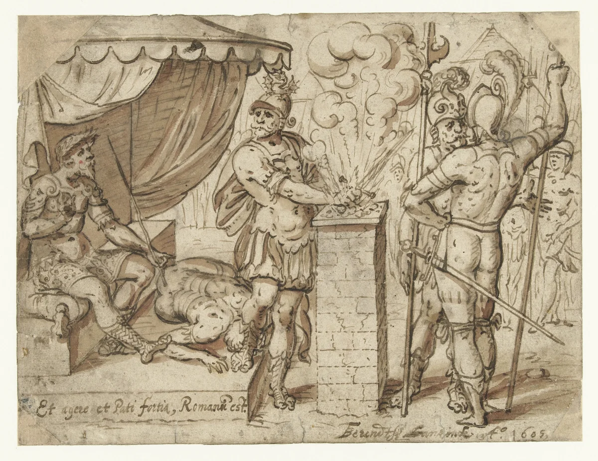 Mucius Scaevola voor Porsenna by Berendtsz. Lansinck, drawing, 1605
