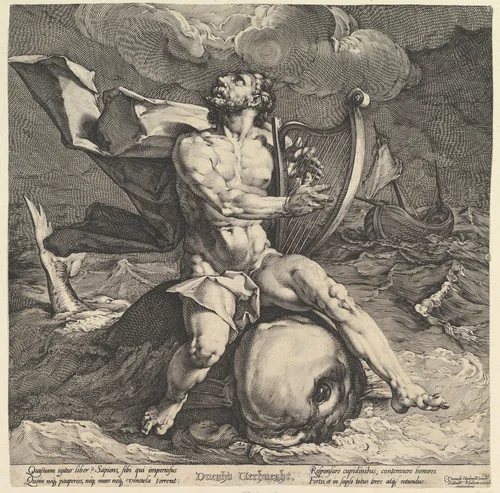 Arion on a Dolphin by Jan Muller, print, 1590