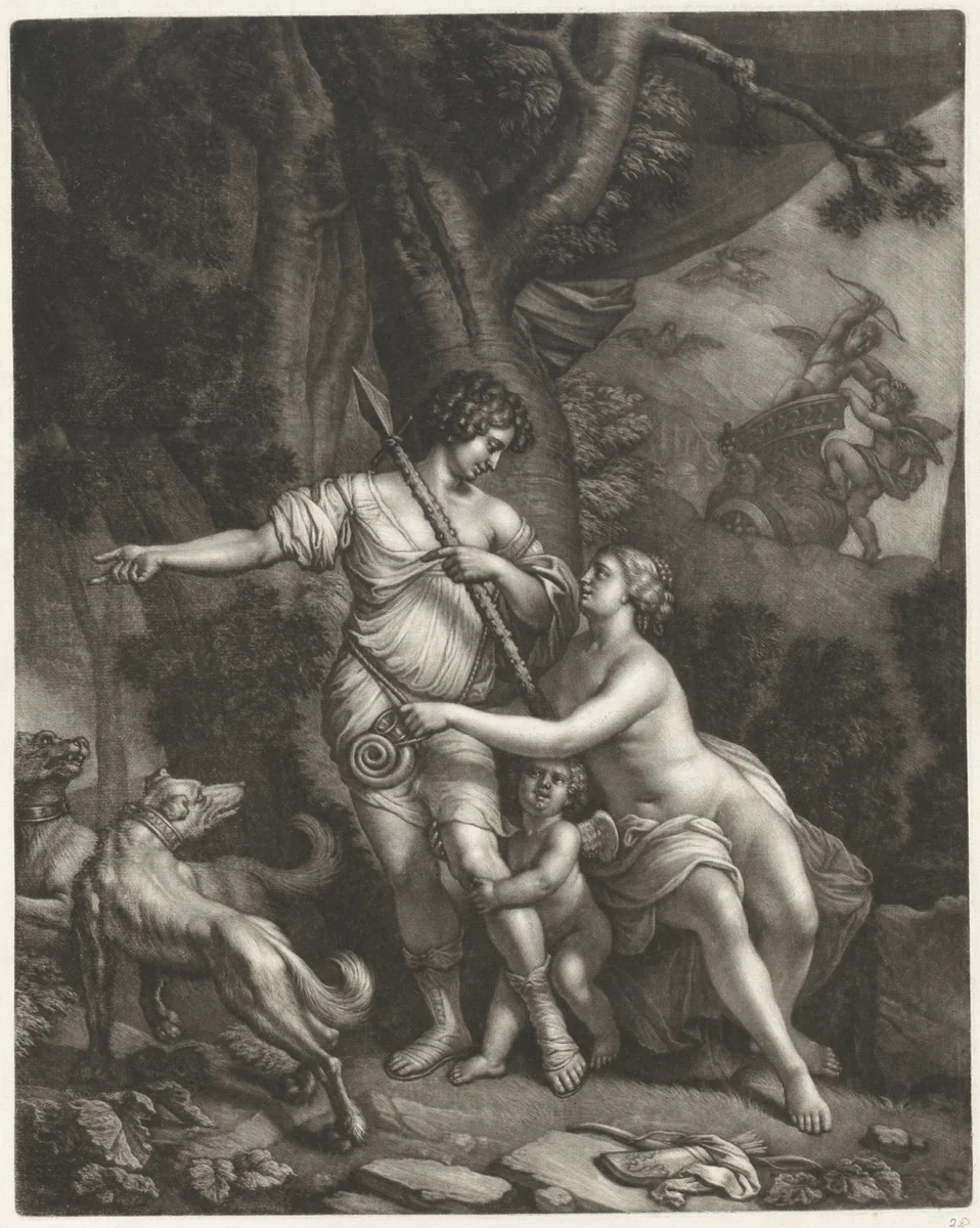 Venus weerhoudt Adonis van de jacht by Wallerant Vaillant, print, 1658-1677