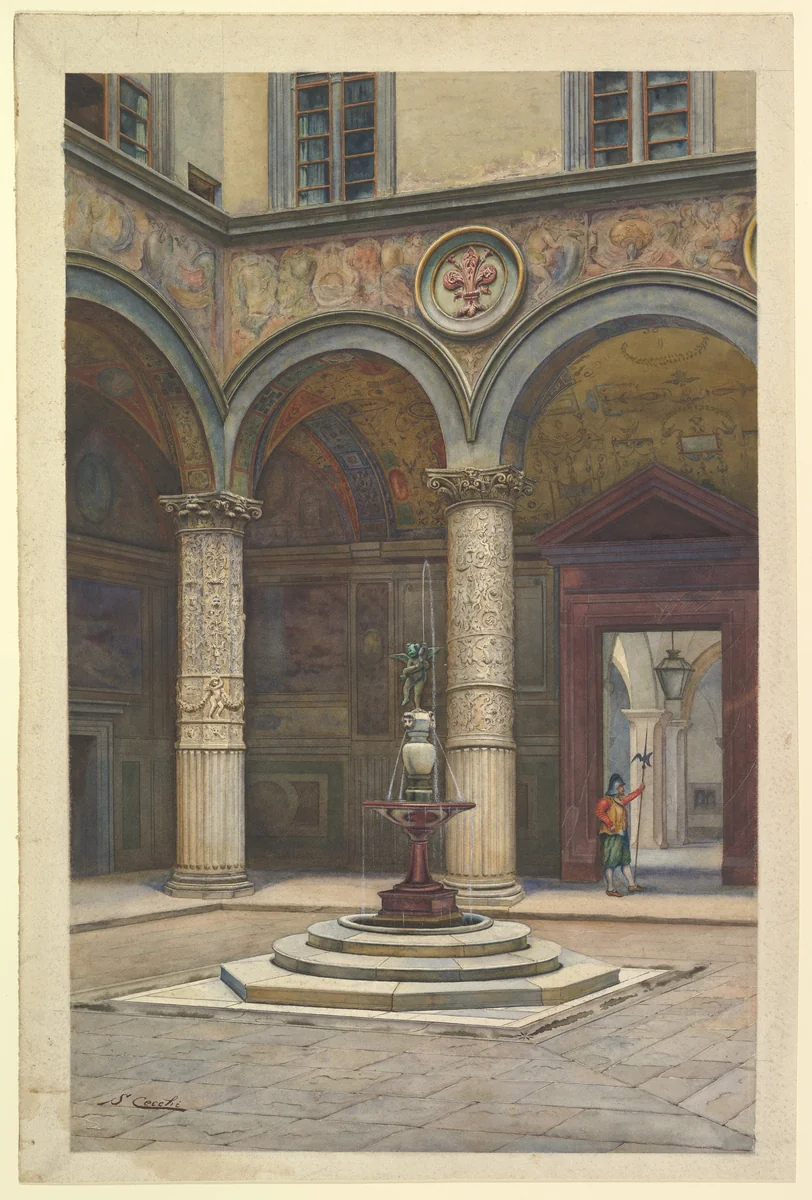 Courtyard of the Palazzo Vecchio, Florence by S. Cecchi, drawing, 1800-1900