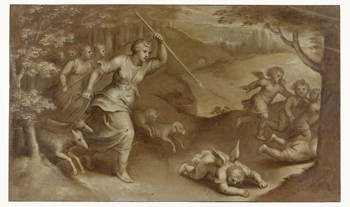Diana verjaagt Cupido en zijn helpers die haar probeerden te strikken by Otto van Veen, drawing, 1566-1629