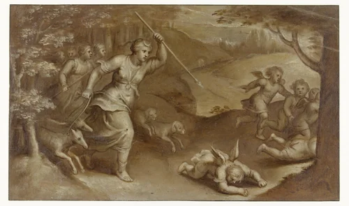 Diana verjaagt Cupido en zijn helpers die haar probeerden te strikken by Otto van Veen, drawing, 1566-1629