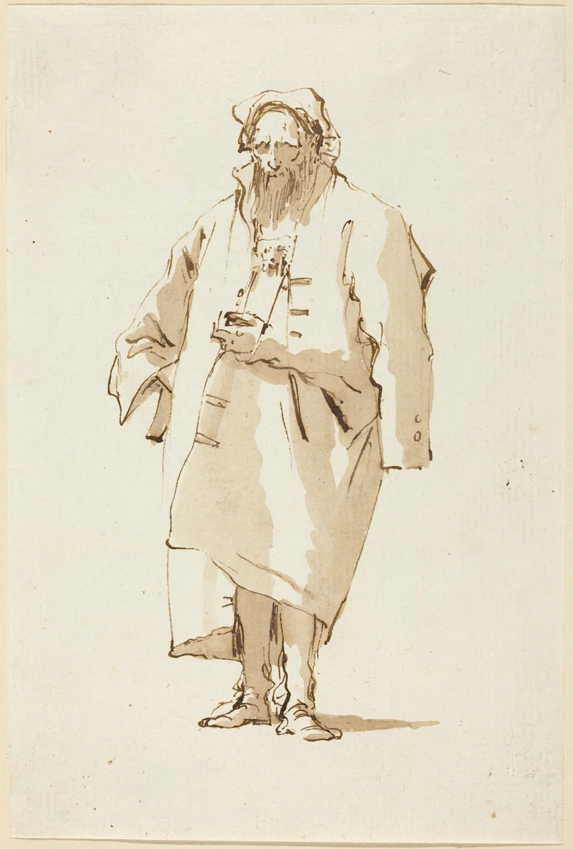 A Standing Oriental Wearing a Greatcoat by Giovanni Battista Tiepolo, drawing, 1753-1762