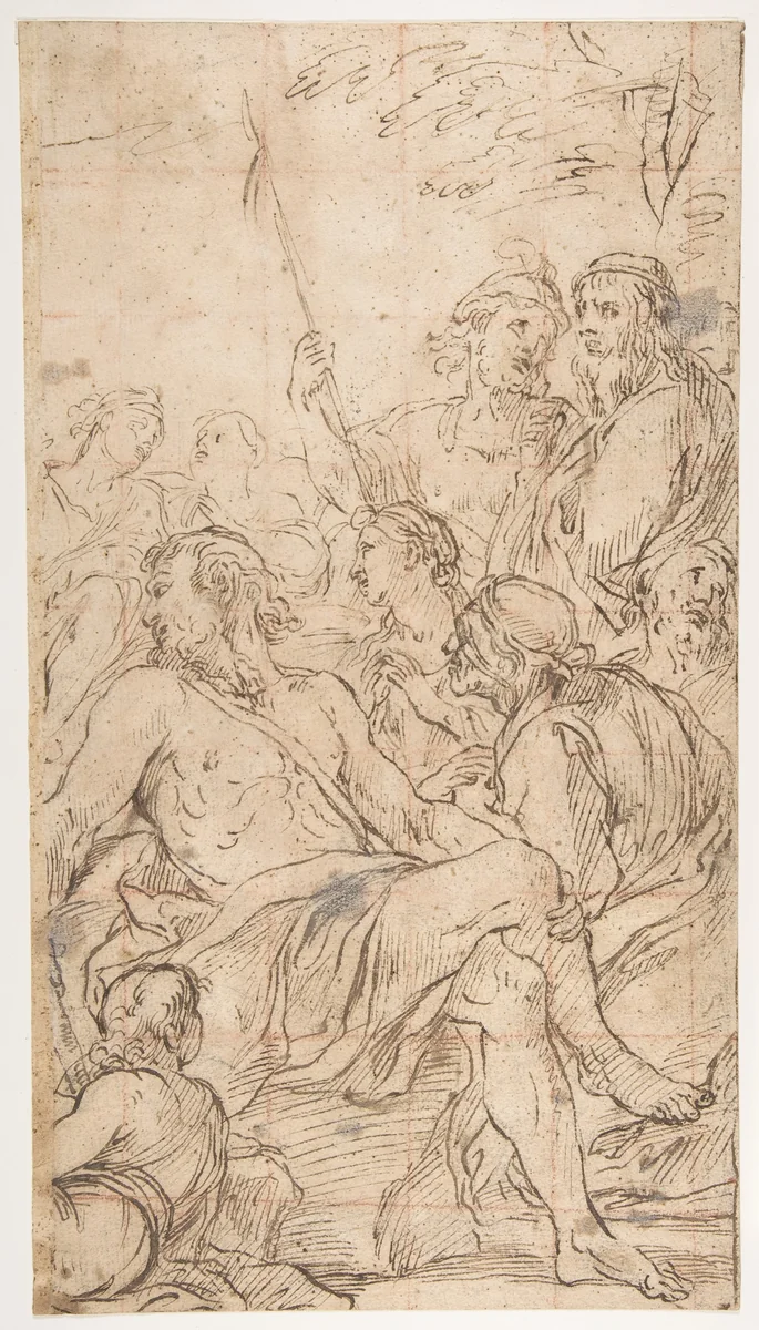 Fragment of a Composition with a Reclining Semi-Nude Man Surrounded by Soldiers and Other Onlookers in a Landscape by Luca Giordano, drawing, 1634-1705