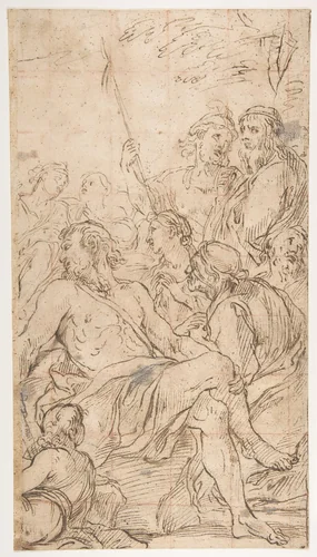 Fragment of a Composition with a Reclining Semi-Nude Man Surrounded by Soldiers and Other Onlookers in a Landscape by Luca Giordano, drawing, 1634-1705