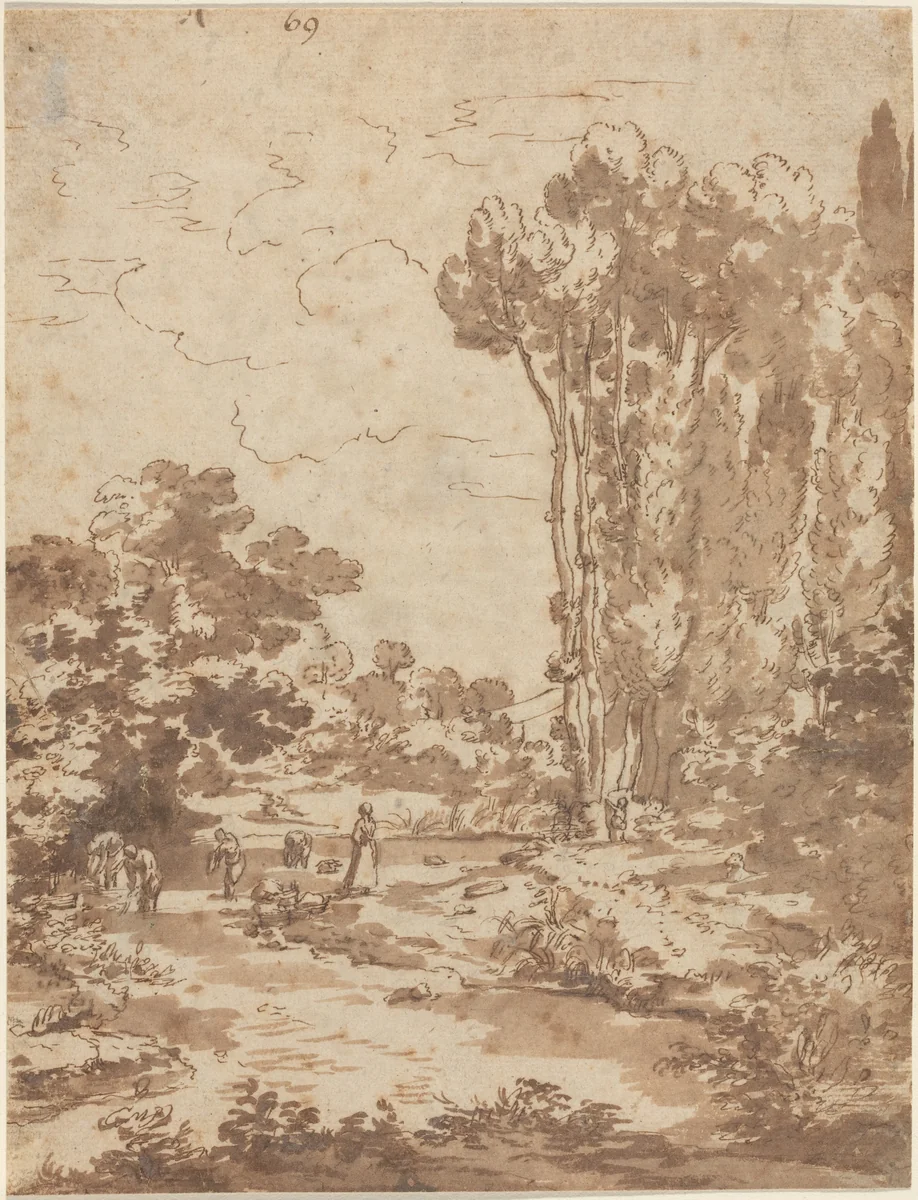 Figures Bathing in a Stream by Nicolas Poussin, drawing, 1594-1665