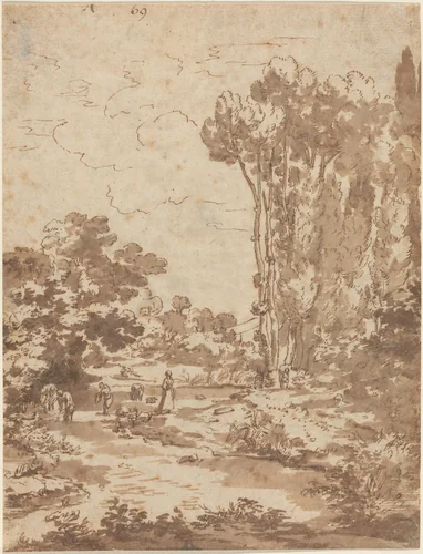 Figures Bathing in a Stream by Nicolas Poussin, drawing, 1594-1665