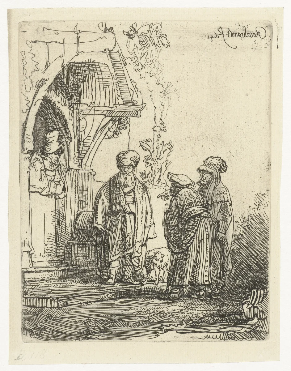 Three oriental figures (Jacob and Laban?) by Rembrandt van Rijn, print, 1641