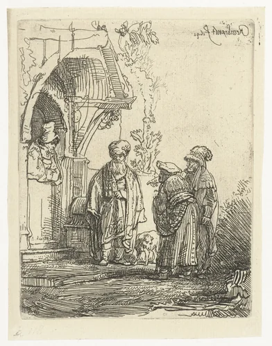 Three oriental figures (Jacob and Laban?) by Rembrandt van Rijn, print, 1641