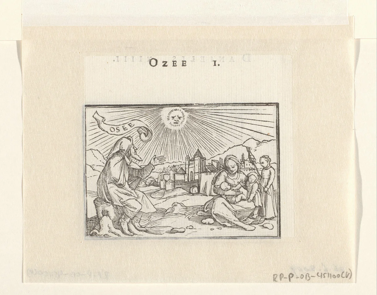 Hosea met zijn vrouw en drie kinderen by Hans Holbein, print, 1538