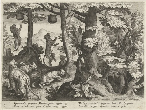 Jacht op luipaarden met menselijke uitwerpselen by Unknown, print, 1594-1598