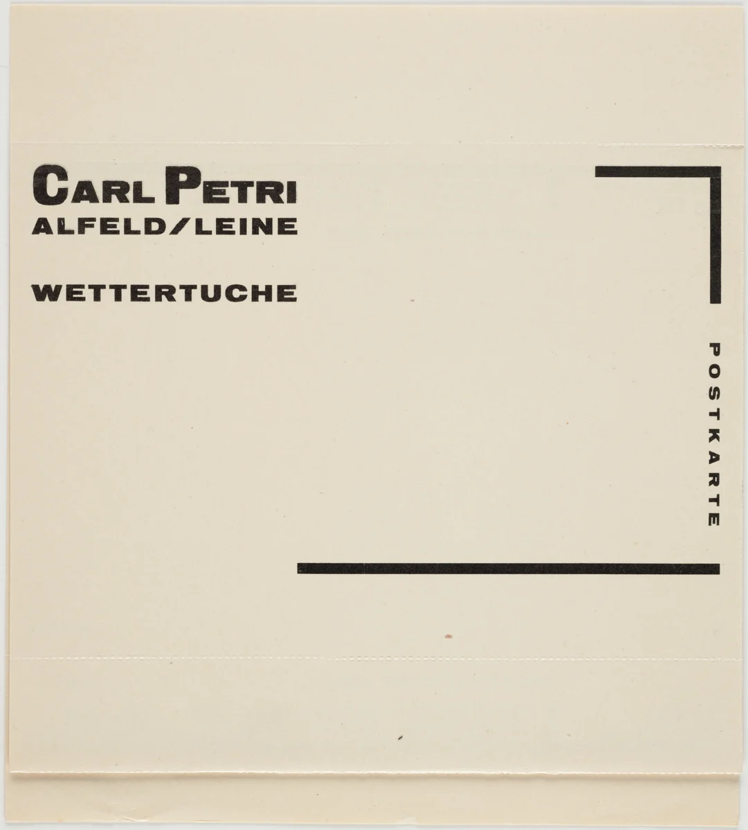 Carl Petrie, Alfeld/Leine, Wettertuche, Postkarte by Johannes Molzahn, design, 1925