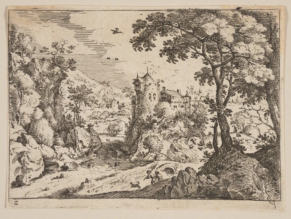 Stream between Rocky Hillside and Castle, from Landscapes by Jacob Savery, print, 1590-1600