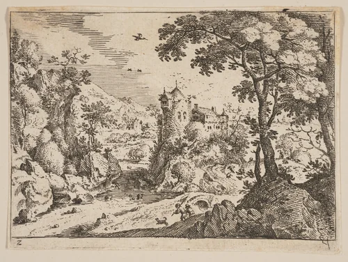 Stream between Rocky Hillside and Castle, from Landscapes by Jacob Savery, print, 1590-1600