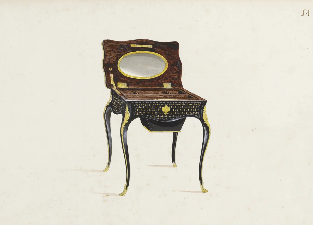 Ontwerp voor een handwerktafeltje in neo-rococostijl by M. Pagny, drawing, 1858-1868