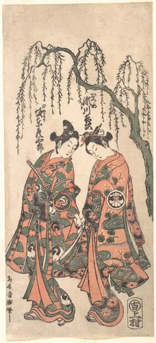 Young Lovers under a Drooping Willow, Their Hands Clasped, Their Heads Bent by Torii Kiyohiro, print, 1754