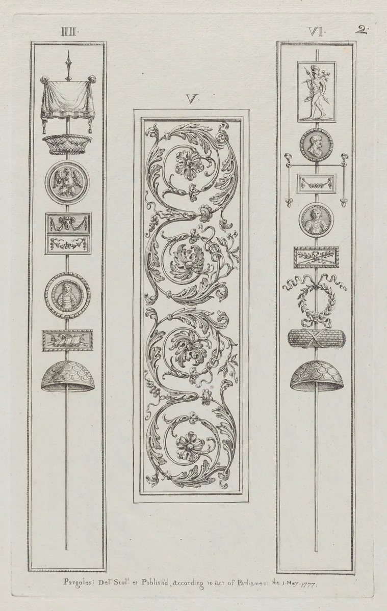 Panels of Ornament, nos. IIII–VI, plate 2 from "Designs for Various Ornaments" by Michelangelo Pergolesi, print, 1777