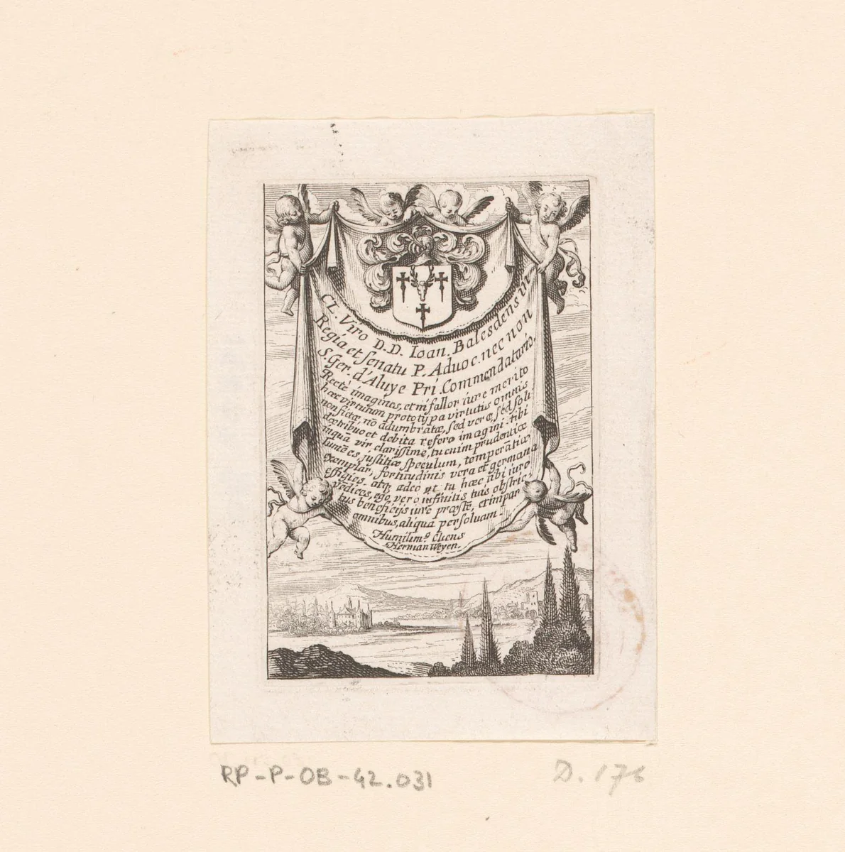 Titelprent met vier putti een draperie met tekst vasthoudend by Abraham Bosse, print, 1636