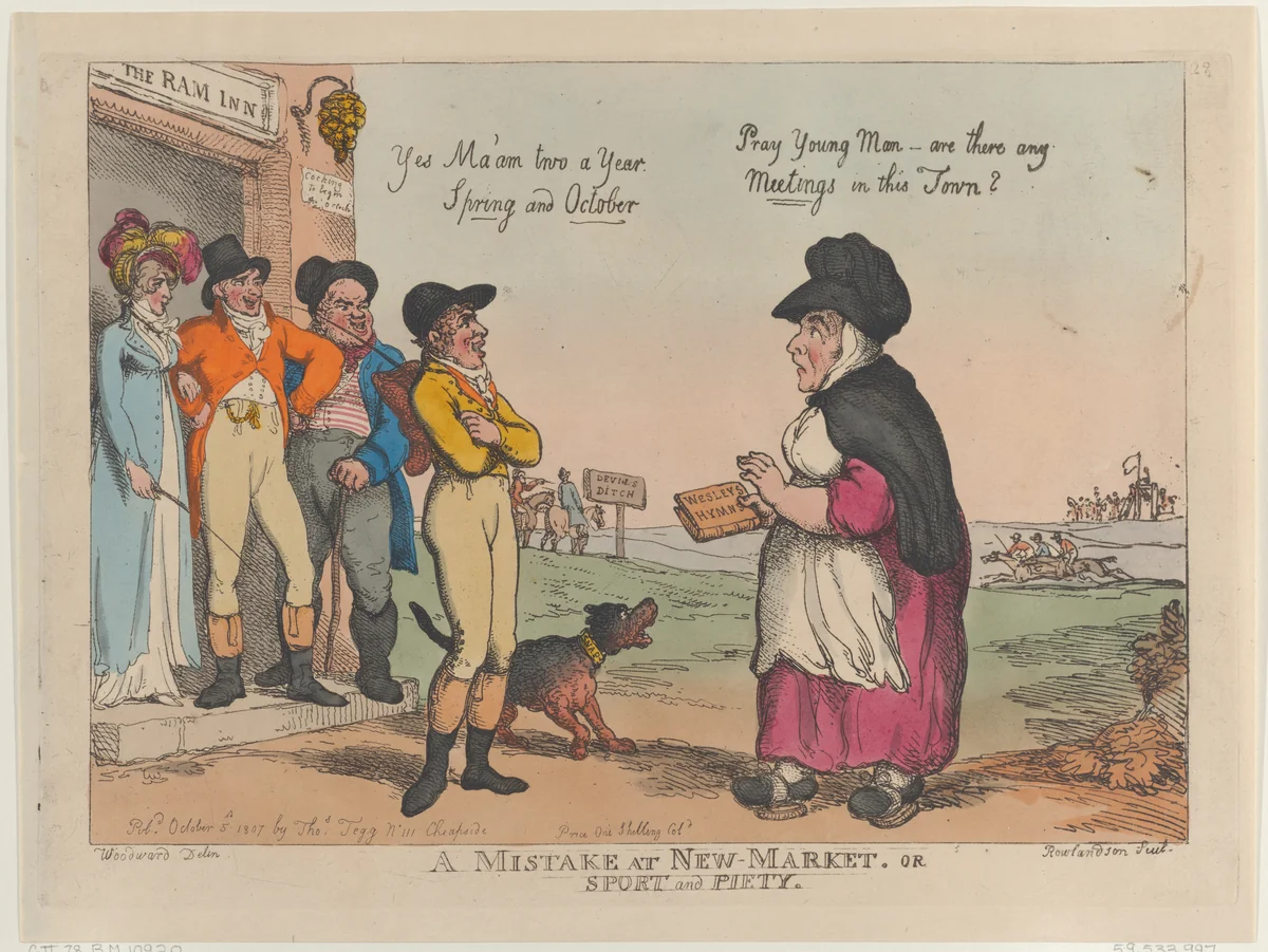 A Mistake at New Market, or Sport and Piety by Thomas Rowlandson, print, 1807