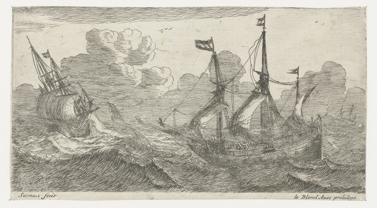 Zeilschepen op ruige zee by anonymous, print, 1650-1709