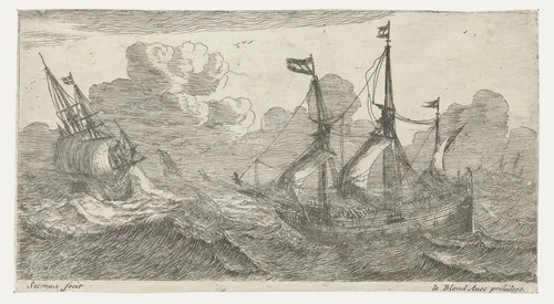 Zeilschepen op ruige zee by anonymous, print, 1650-1709