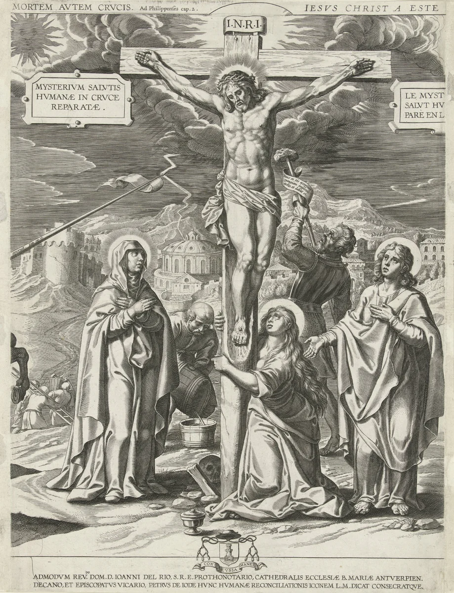 Kruisiging van Christus, middendeel by Pieter de Jode, print, 1590-1632