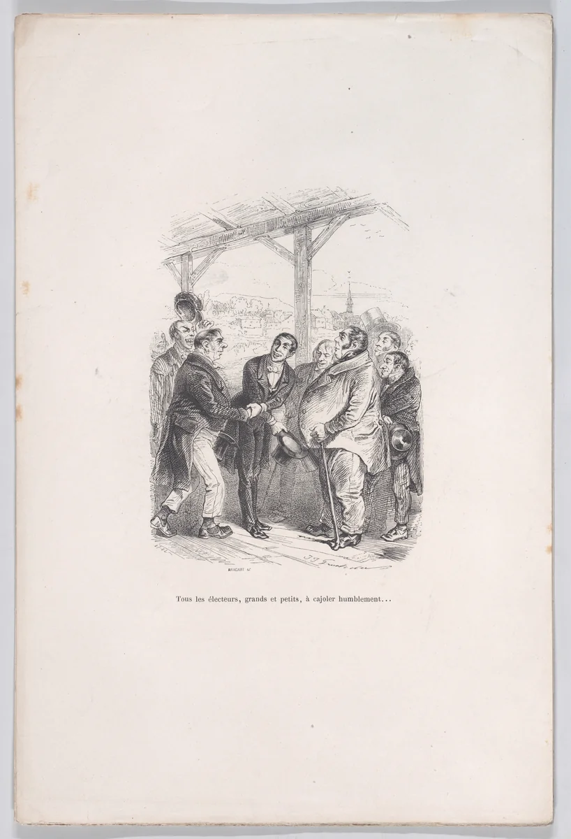 All voters, big and small, gather to humbly coax each other..., from "Little Miseries of Human Life" by J. J. Grandville, print, 1843