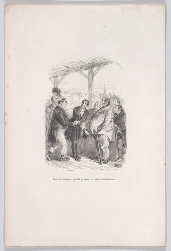 All voters, big and small, gather to humbly coax each other..., from "Little Miseries of Human Life" by J. J. Grandville, print, 1843
